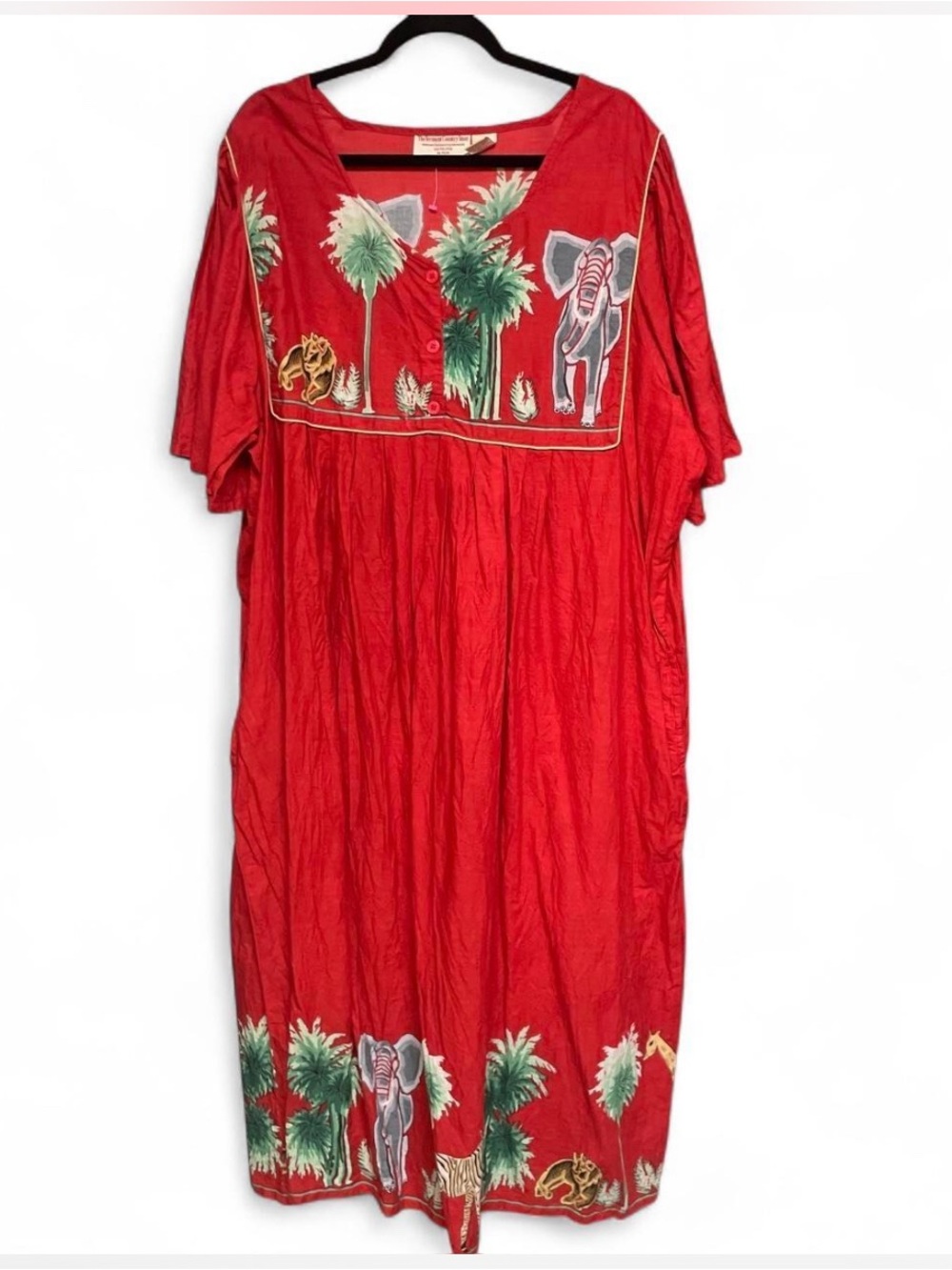 Red Elephant & Palm Midi Dress — Relaxed Day Dress